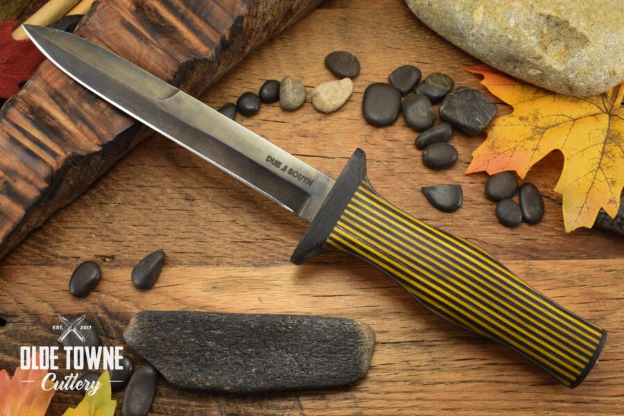 Exclusive in-house brand of Olde Towne Cutlery: bayonet dagger in a double-guard micarta handle with yellow and black spectraply.